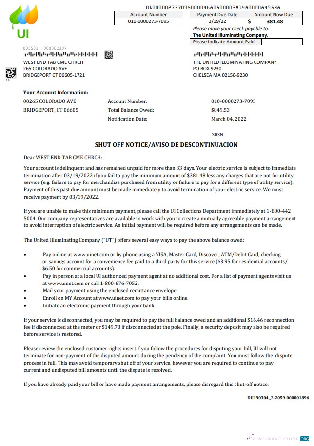 USA Massachusetts Chelsea The United Illuminating Company utility bill shutoff notice, Word and PDF template